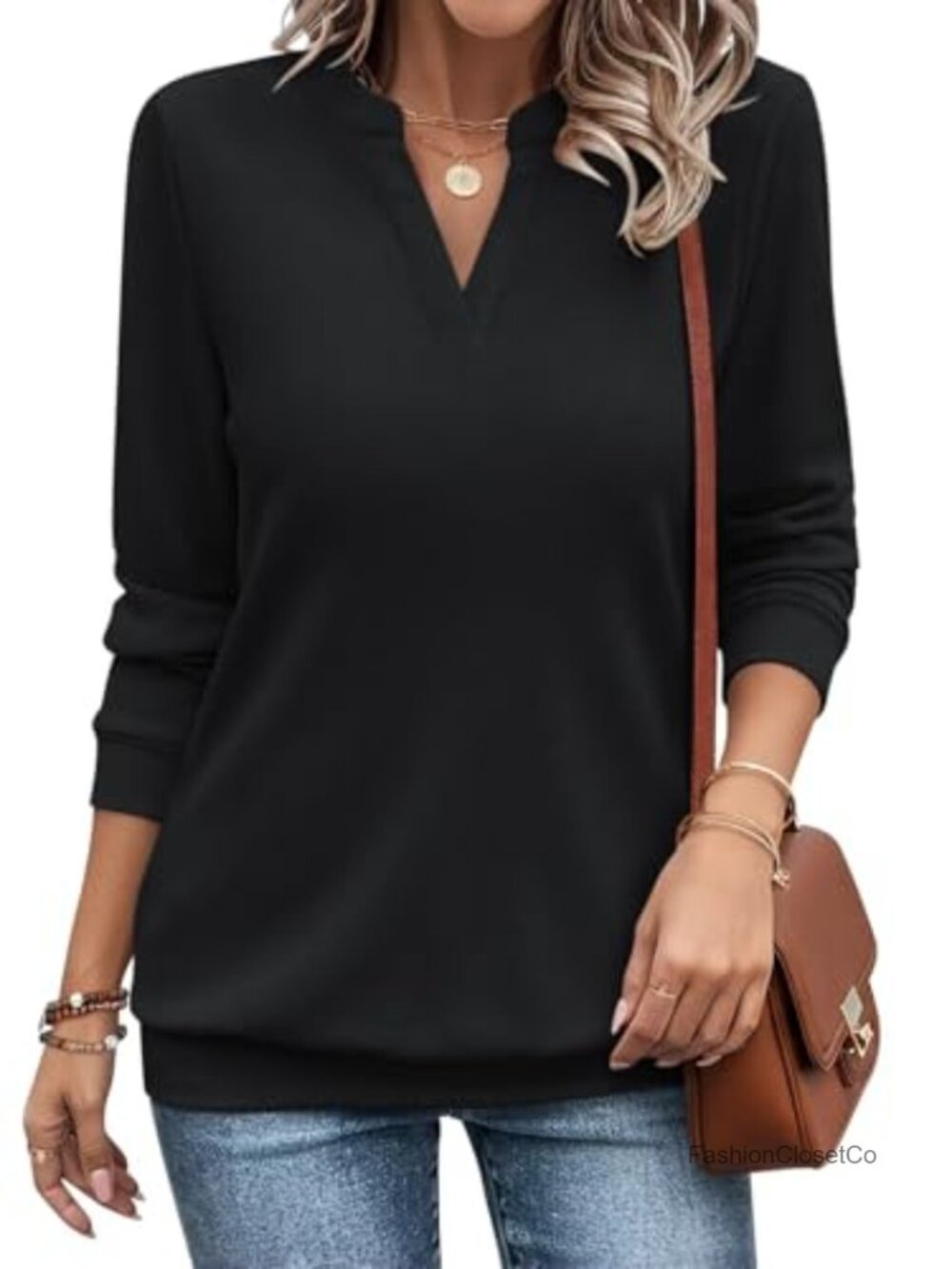 Womens V Neck Long Sleeve Lightweight Pullover Sweatshirt Relaxed Fit